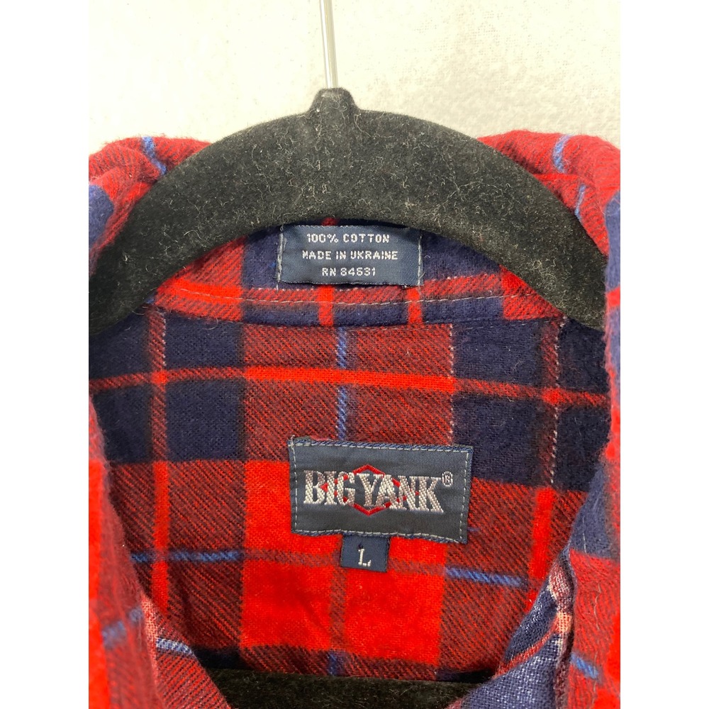 Big Yank Flannel Shirt Men Large Red Navy Blue Plaid Cotton Button Up Long Sleev - Picture 8 of 9